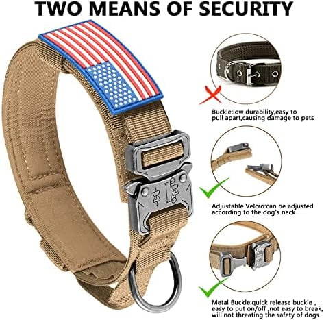 Tactical Dog Collar, Adjustable Military Training Nylon Dog Collar with Control Handle and Heavy Metal Buckle for Medium and Large Dogs, with Patches and Airtags Case (S, Brown)