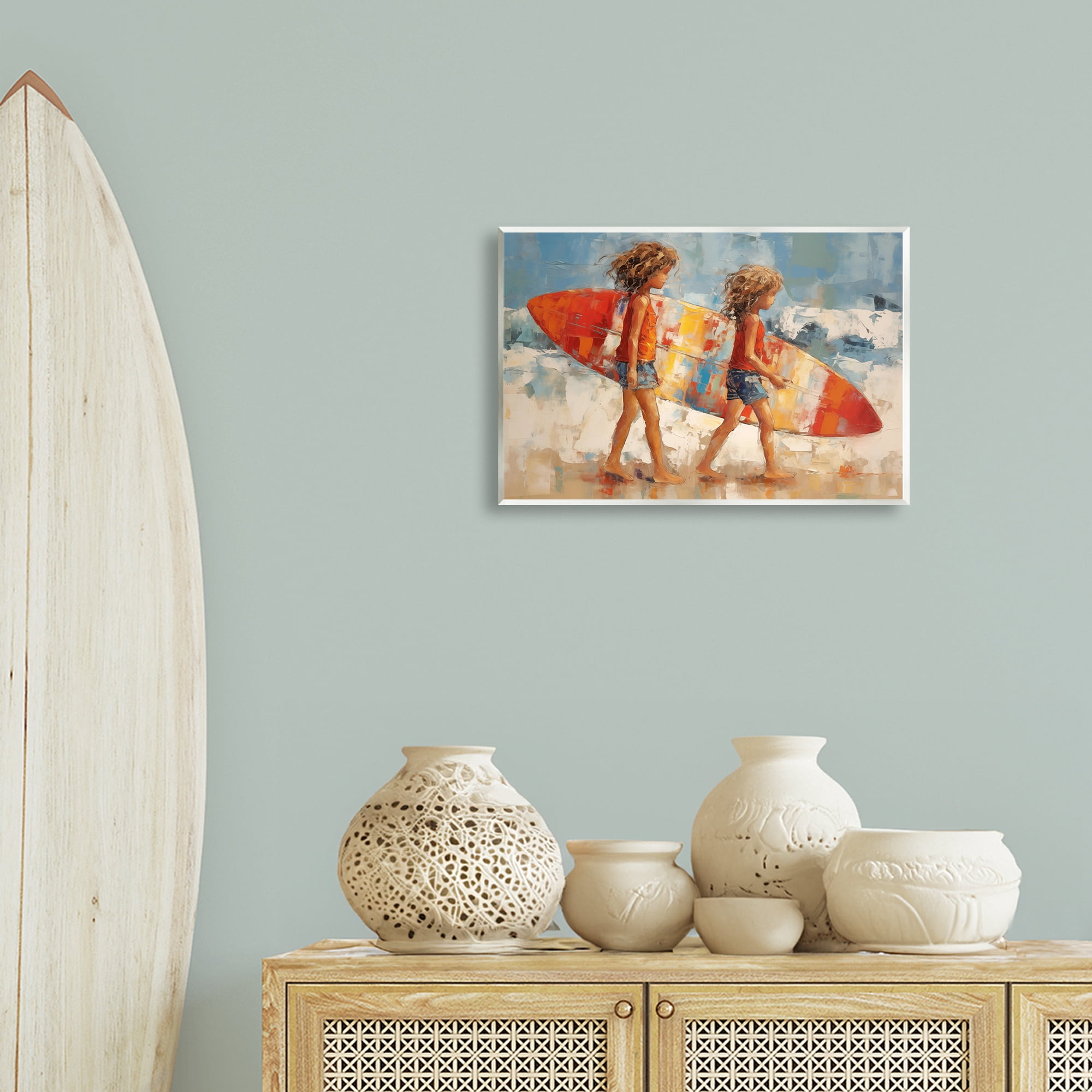 Stupell Industries Kids with Surfboard Sports Painting Unframed Art Print Wall Art, 19 x 13