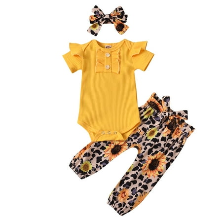 

One opening Girls Solid Color Romper Tops + Floral Long Pant + Headband Sets