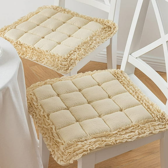 Zhuge Ruffled Patchwork Chair Cushion Pad with Ties No Slip Kitchen Dining Cotton Seat Cushion, 2 Pack ,Khaki, 18"x18"