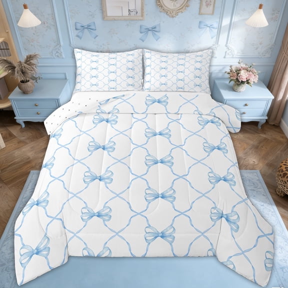 Cute Blue Bow Queen Comforter Sets,Kawaii Dreamy Princess Bowknot Bedding Set,Geometric Check Bow Tie Down Comforter Watercolor Blue White Bow Bed Set
