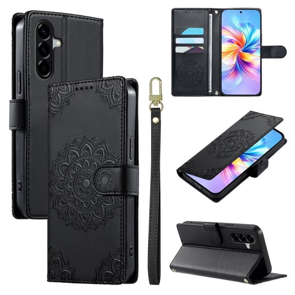 Leather Case For Samsung Galaxy A57 5G 6.7",Embossed Totem Wallet With Card Holder,Wristband, Shockproof Kickstand Magnetic Cover,Black,For Galaxy A57 5G