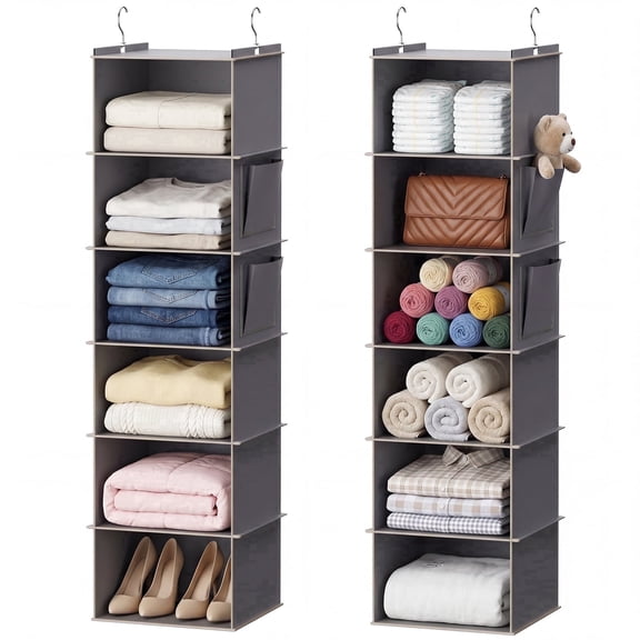 Torio 2-Pack Hanging Closet Organizer, 6-Shelf Fabric Storage Shelves, Grey