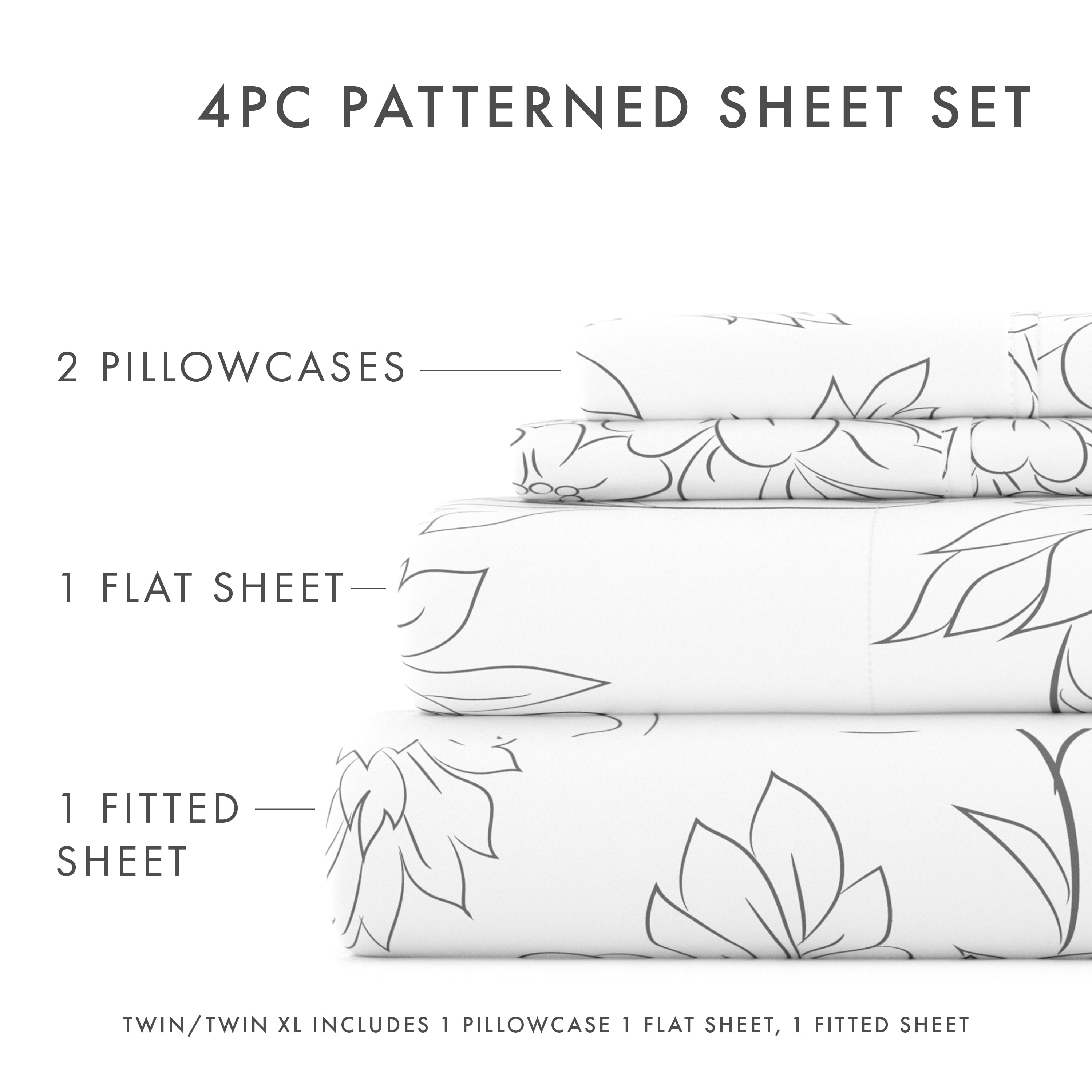 Noble Linens 4 Piece Pattern Microfiber Bed Sheets Set, Gray Vine, Queen