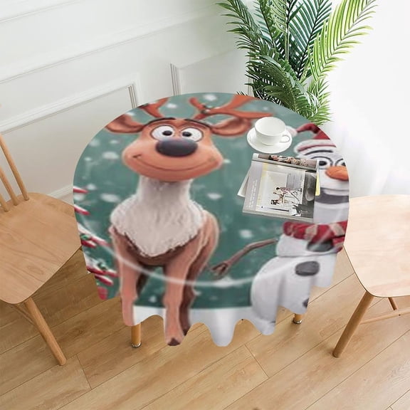 RKSupls 60 Inch Round Tablecloth, Reindeer Snowman Christmas Premium Polyester Straight Edge Wrinkle Resistant Washable Table Cover for Party Home Dining Decor