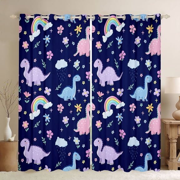 Erosebridal Kawaii Rinbow Dinosaur Black Out Curtains,Cartoon Dino Cute Flowers Blossom Curtains Pack of 2 (42x63 Each) For Girls