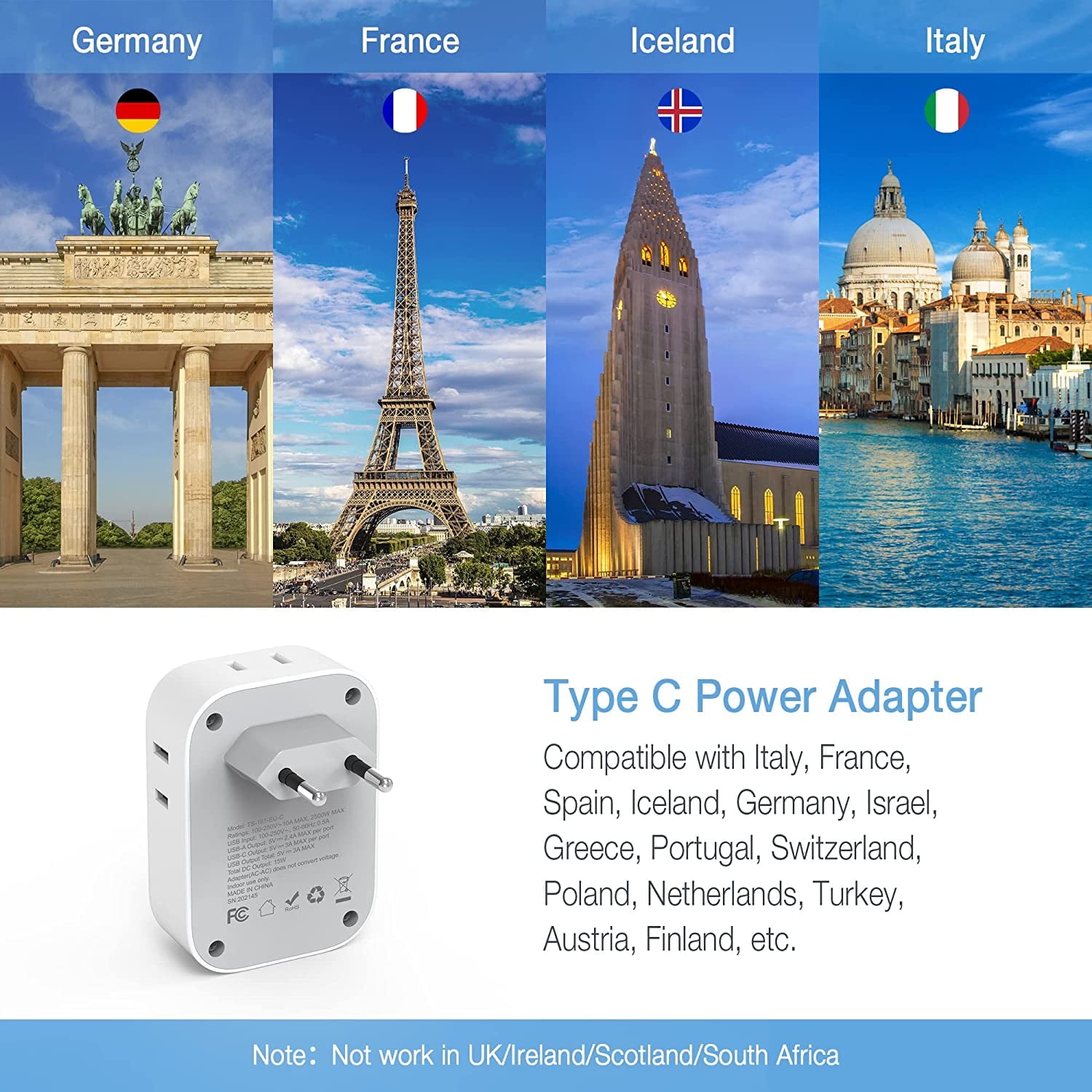 Type C US to EU Travel Plug Adapter with 4 AC Outlets & 3 USB Ports (Incl. USB-C), White
