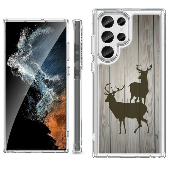Shockproof Bumper Phone Case for Samsung Galaxy S23 Ultra 5G, by OneToughShield ® - Wood/Deer