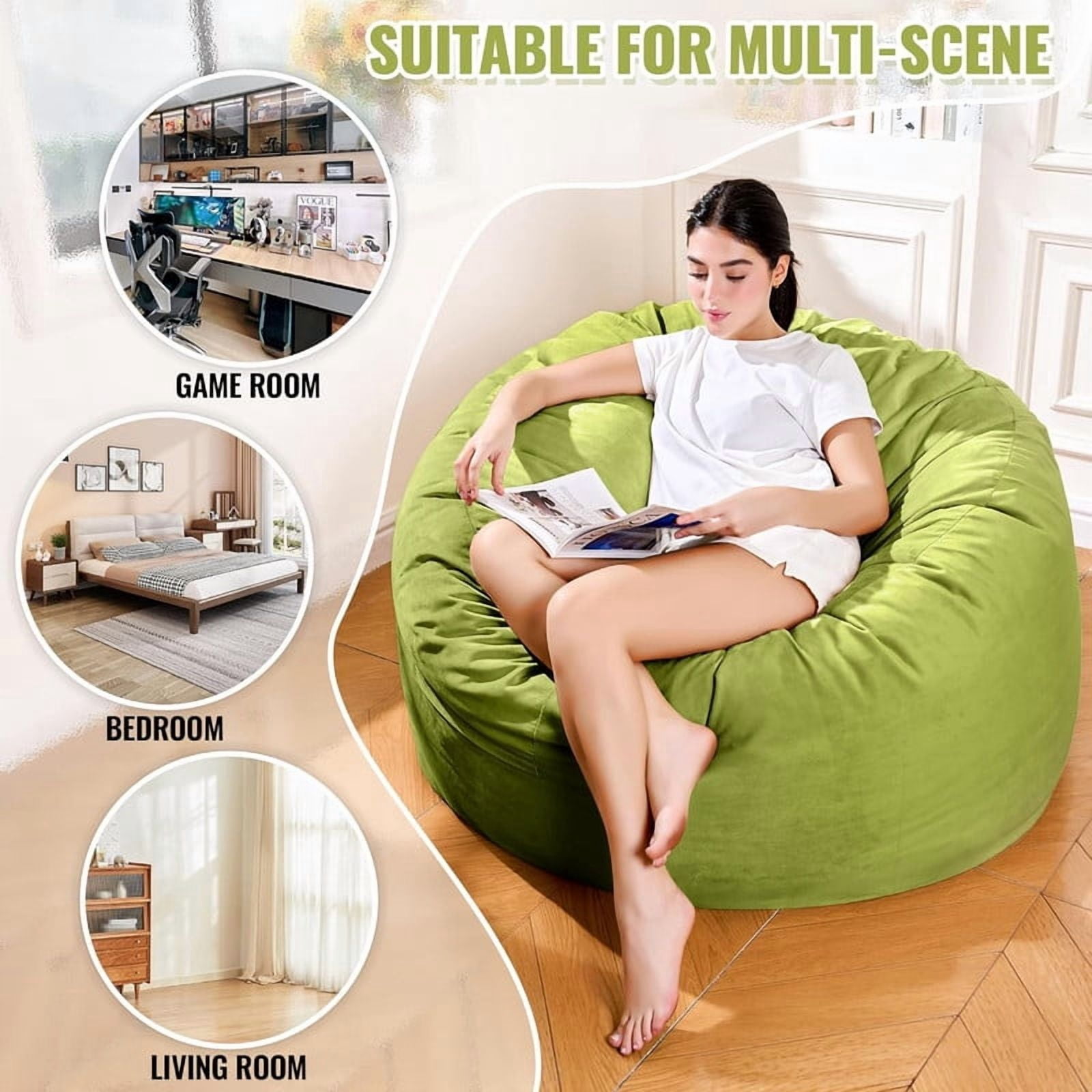 MOOSENG 4FT Bean Bag Chair, Comfy Bean Bag for Adults & Kids, Fluffy Large Bean Bag Sofa with Removable Cover & Side Pocket for Living Room, Gaming, Playroom