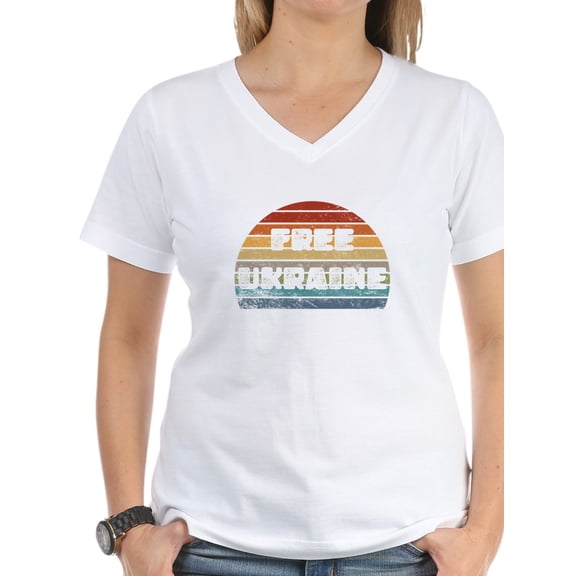 CafePress - Free Ukraine Women's V Neck T Shirt - Womens Cotton V-Neck T-shirt