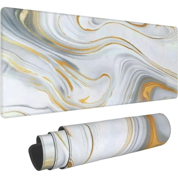 White Marble Gaming Mouse Pad, Gold Grey Striped Waterproof and Non-Slip Mousepad, Extended XL 31.5 x 11.8inches Desk Mat, 3mm Thick Rubber Base Desk Pad for Office Home