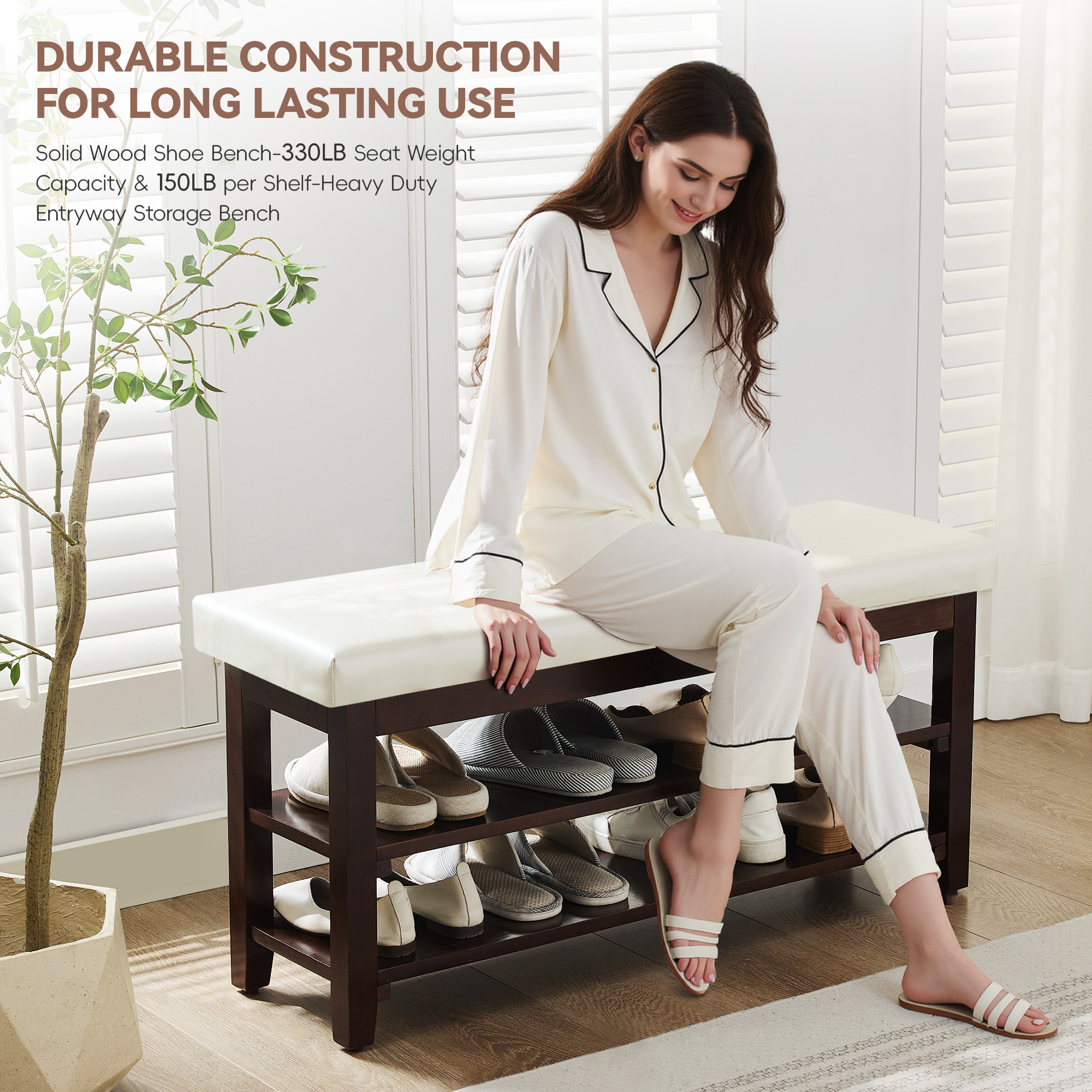 40" Shoe Bench with Leather Cushion, 2-Tier Shoe Rack Entryway Bench, Wood Bench for Front Door Entrance, Mudroom, Hallway, Wooden Shoe Shelves, Shoe Organizer, Shoe Storage, White