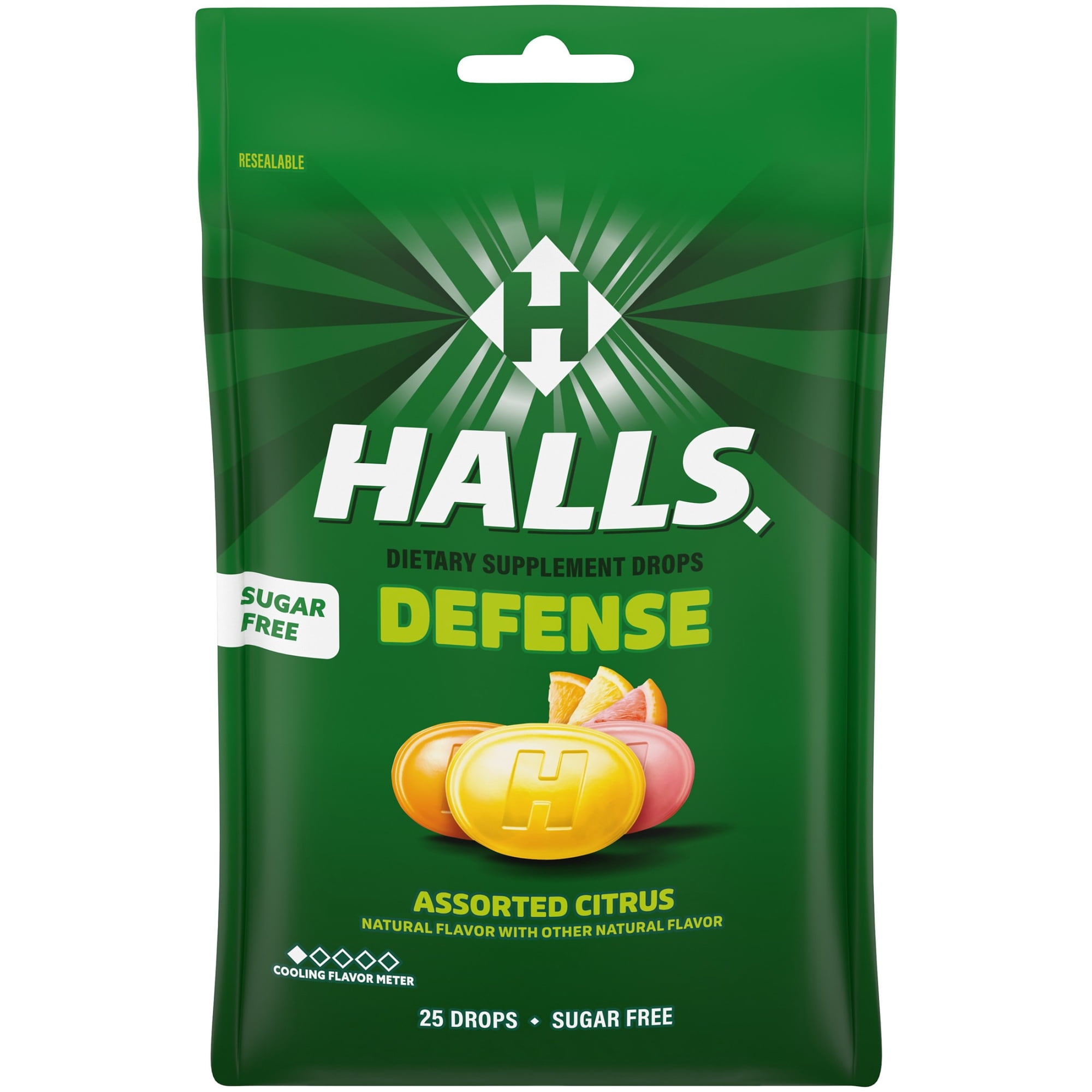 HALLS Defense Assorted Citrus Sugar Free Throat Drops, Vitamin C Dietary Supplements, 25 Drops