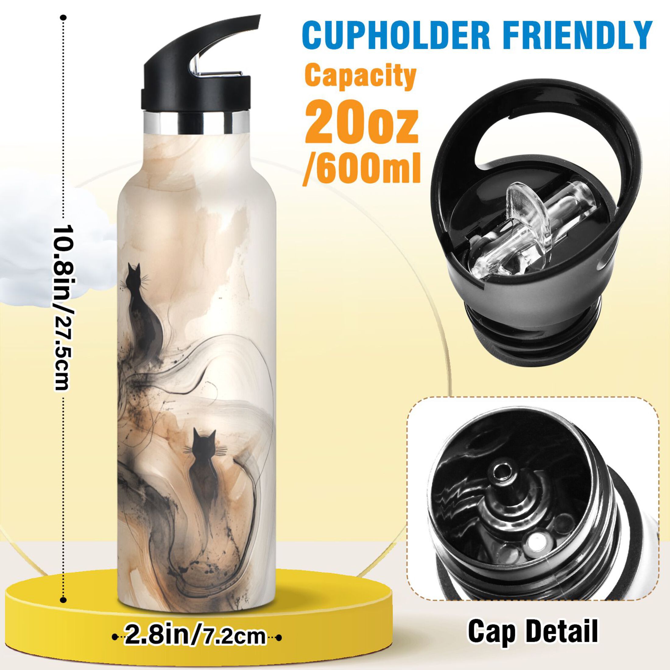 Kids Insulated Stainless Steel Sports Water Bottle 600ml (20oz) Beige and Black Swirling Shapes