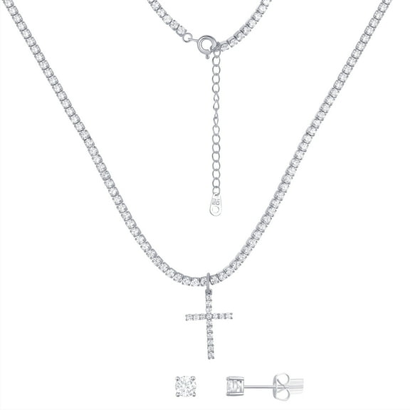 Believe by Brilliance Women's Cubic Zirconia Cross Tennis Necklace Set in Fine Silver Plated Brass