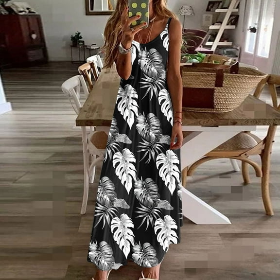 Ayolanni V-Neck Sun Dresses Women Vacation Tropical Sleeveless Maxi Dresses Dresses for Juniors L