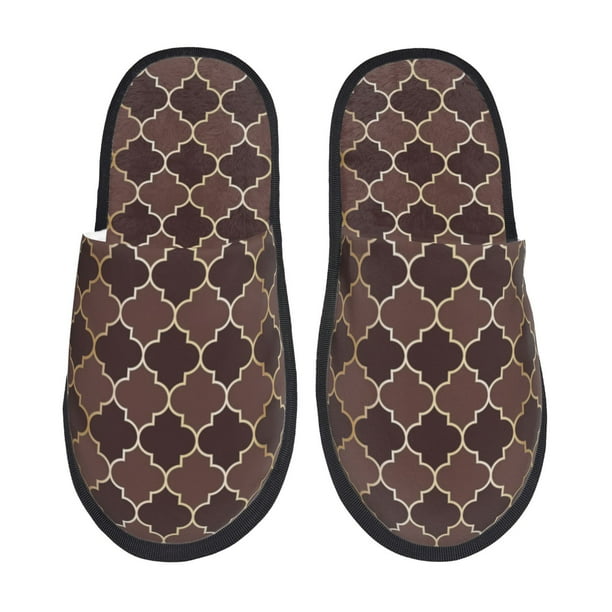 Balery Brown Gold Grid Pantuflas de Casa de Felpa Silenciosas con Diseño Estampado, Zapatillas Cómodas Antideslizantes de Algodón para Interior-Large