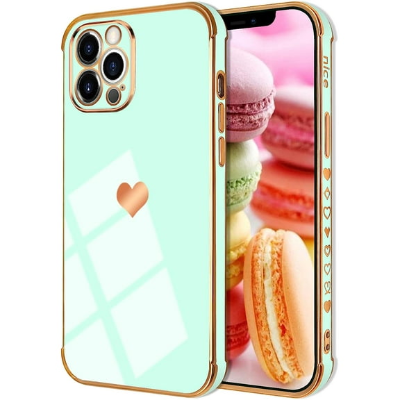 Compatible with iPhone 12 Pro Max Case for Women Girls, Luxury Gold Electroplate Plating Edge Love Heart Side Back Case with Full Camera Len TPU Cover Girly Slim Sleek Cute Case Teal