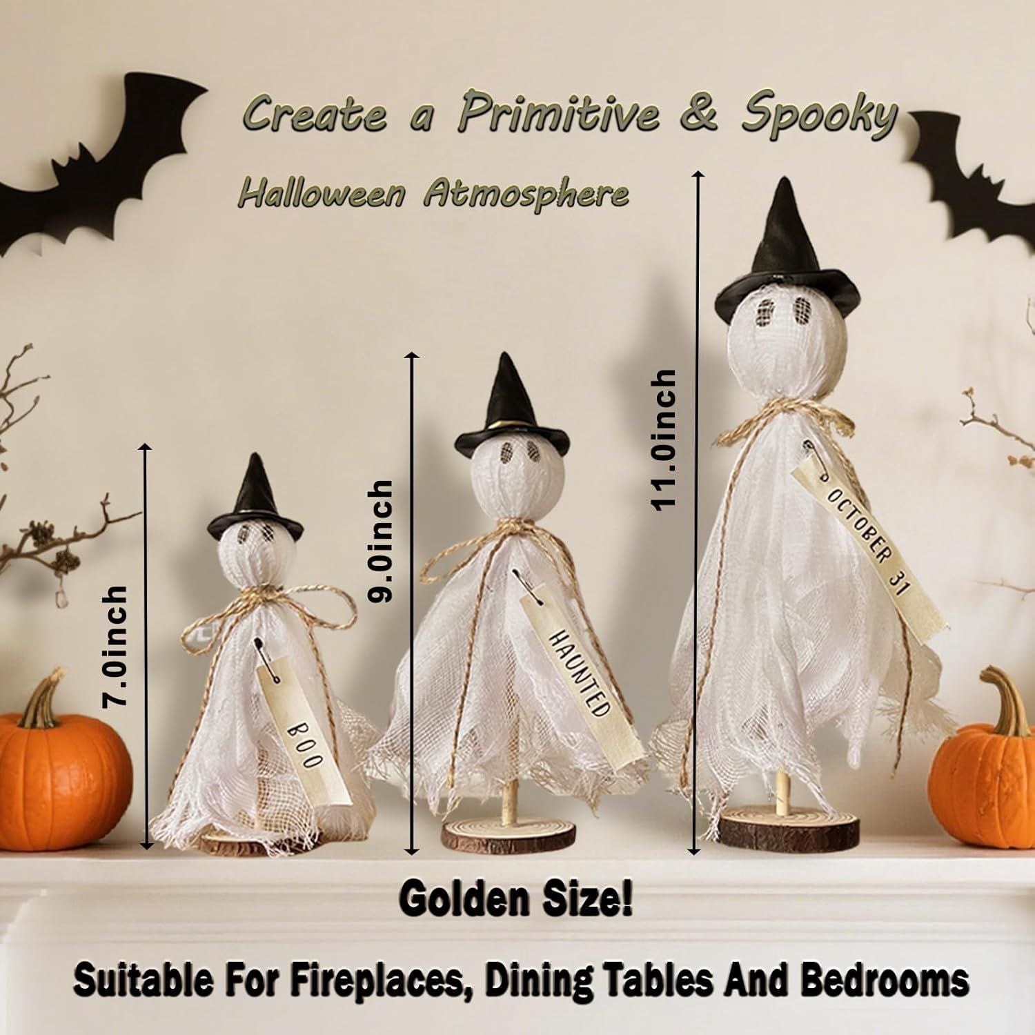 Primitive Halloween Ghost Set with Wizard Hats on Wooden Stands for Rustic Home Decor