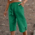 thumbnail image 4 of Linen Capris for Women Summer Casual High Waisted Crop Pants with Pockets Wed Leg Lounge Trousers Boho Beach Clothes Dark Green S, 4 of 5