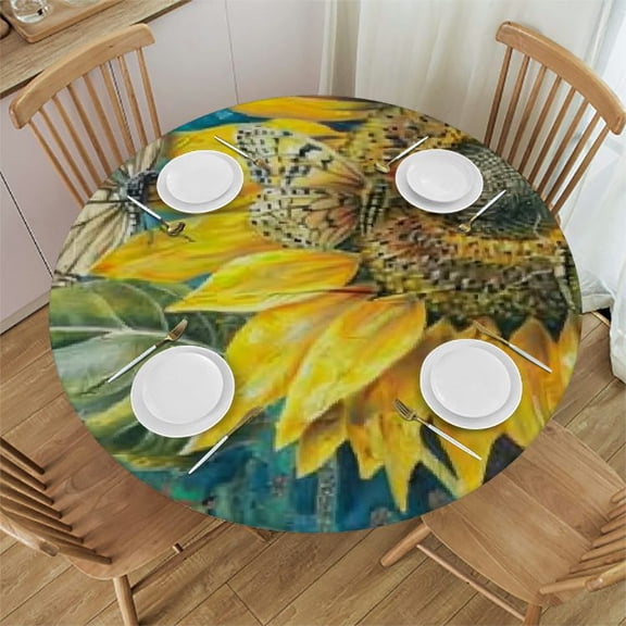 Teal Board With Fall Fitted Round , Elastic Edge Table Cover, Farmhouse Rustic Wooden Fabric Table Cloth for Dining Room