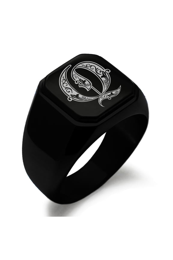Stainless Steel Letter Q Initial Royal Monogram Engraved Engraved Square Flat Top Biker Style Polished Signet Ring