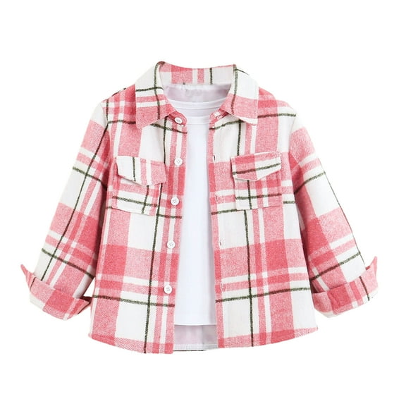 Esaierrr Toddler Kids Girls Pink Plaid Shirt Brushed Long Sleeve Tops Cotton Fall & Winter Casual Jacket for 4-7 Years