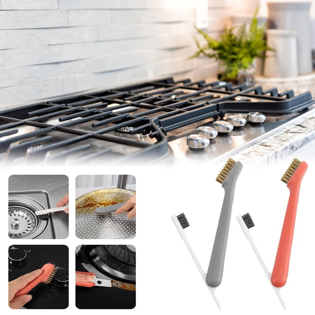 Cepillo de limpieza de cocinas de gas 3 en 1 con cerdas de acero, raspador de plástico y herramienta para grietas - Cepillo para eliminar manchas de aceite para cocinas, 18 cm