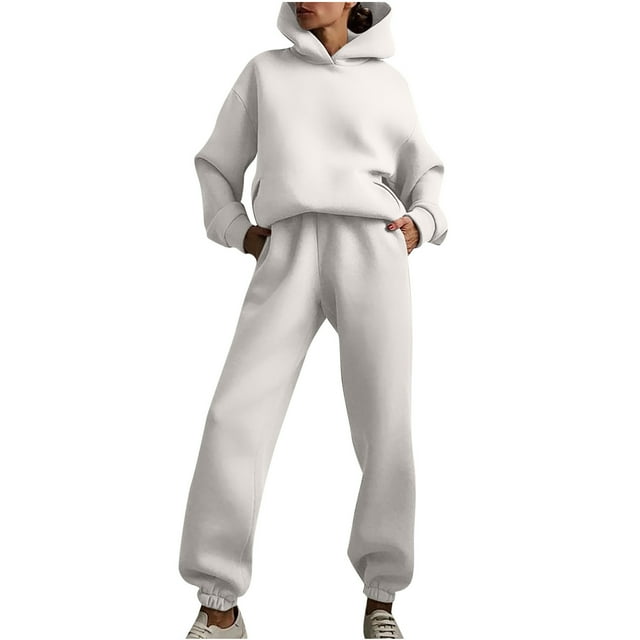 Ensemble de Chandails en Molleton à Capuche pour Femmes, Deux Pièces, Manches Longues, Pantalon Long, Décontracté, Uni