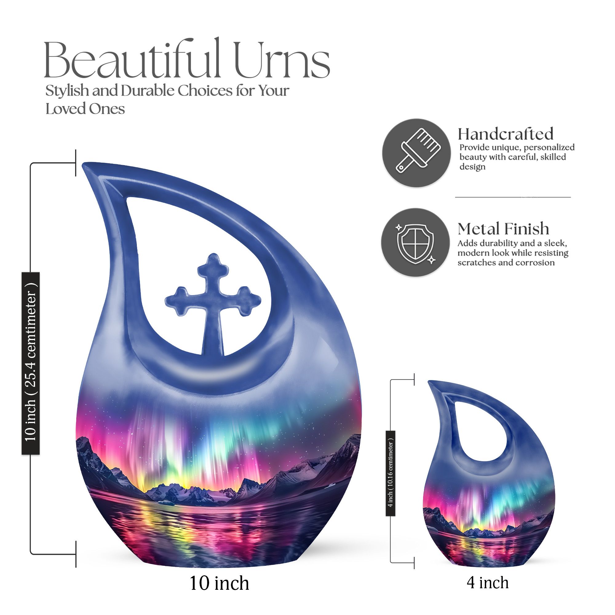 MUKTIVE Aurora Borealis Cremation Urns for Human Ashes Adult Female - Large Purple Memorial Urns for Adult Male - Northern Light Cross Drop Funeral Urn - Burial Urn for Human Ashes - 10 Inch