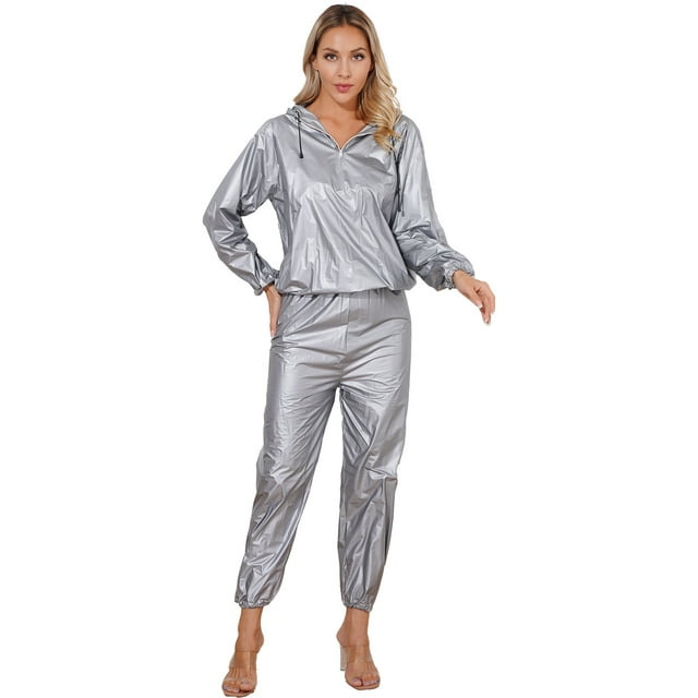 Lejafay Combinaison de Sauna en PVC pour Adulte, Perte de Poids, Légère, avec Capuche, Argent 3TG