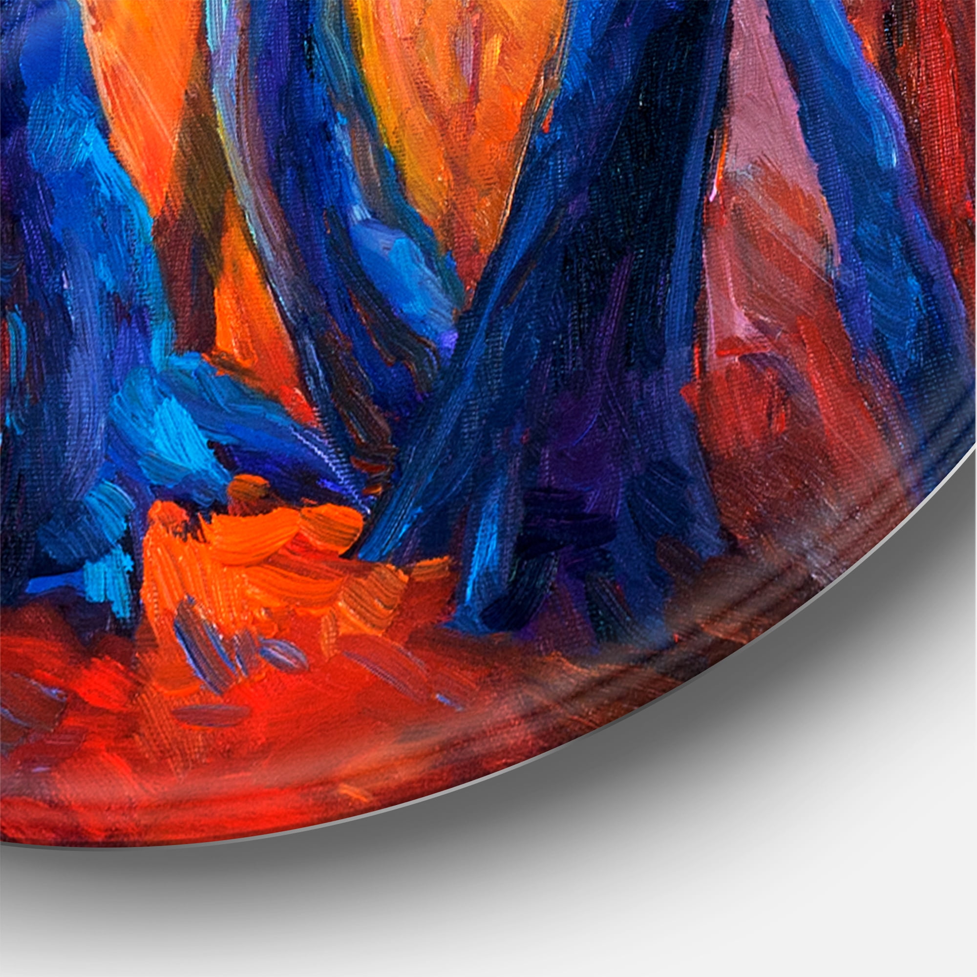 Designart 'Abstract Blue Silhouettes Of Trees In Orange Autumn Forest' Farmhouse Circle Metal Wall Art 36x36 - Disc of 36