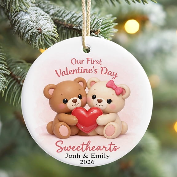 [ Message me the custom infor] Our First Valentine Ornament, Personalized Teddy Bear Couple Decor, Cute Valentine Keepsake, Custom Name Romantic Holiday Ornament Gift