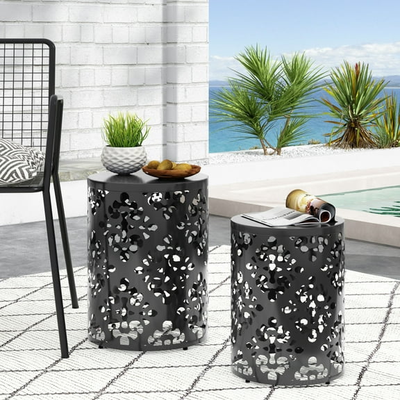 Holaki Outdoor Iron Side Table Set of 2,Lightweight Metal End Table for Indoor Garden,Porch Table with Pedestal Design