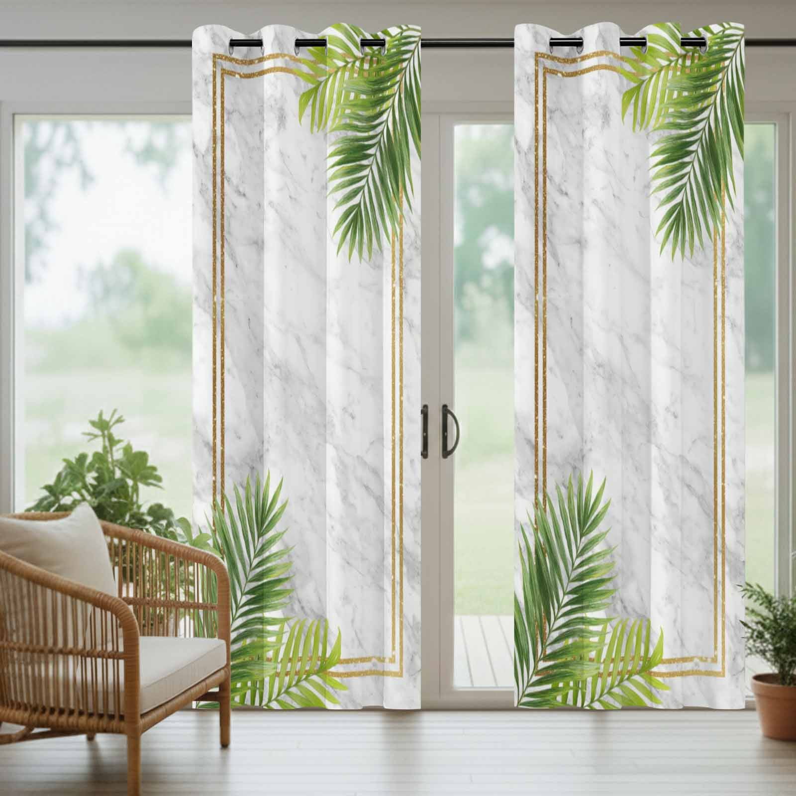 Tropical Palm Leaves Outdoor Curtains for Patio, Nature Coastal Summer Marble Sunshade Privacy Drapes Grommet Waterproof Outside Curtains for Porch/Cabana/Balcony 54"x 108", 1 Panel