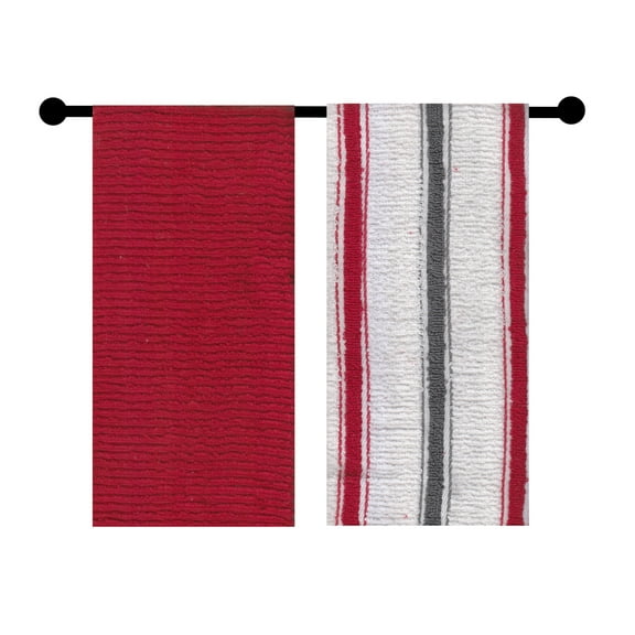 2- Piece Kitchen Towels Red Grey White Stripe and Solid Red Wavy Terry Towel VIP Chef
