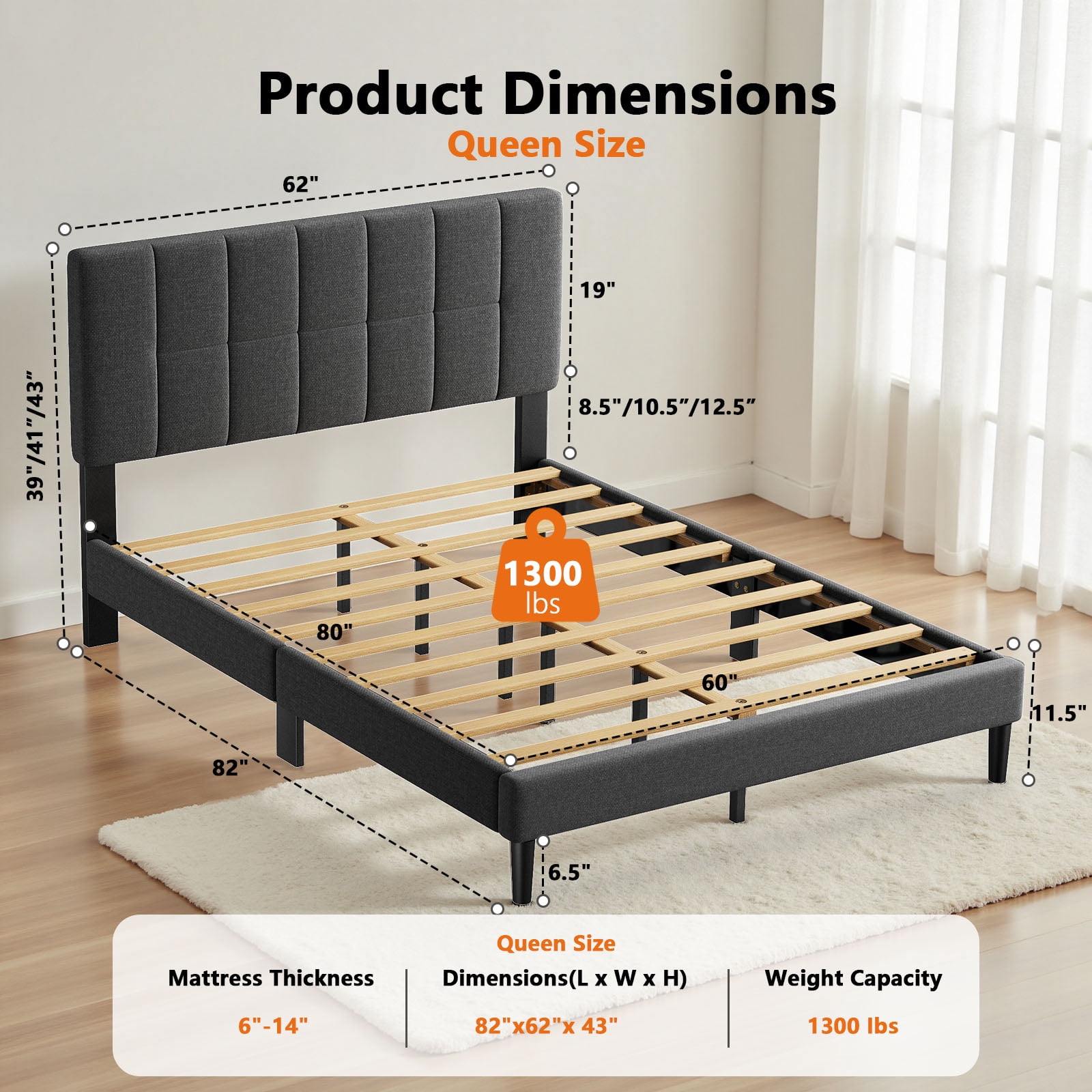 Queen Bed Frame with 12 Thickened Legs, 3-Level Linen Adjustable Upholstered Headboard, Fully Upholstered Mattress Foundation, No Box Spring Needed, Noise-Free, Up to 1300 lbs, Dark Grey