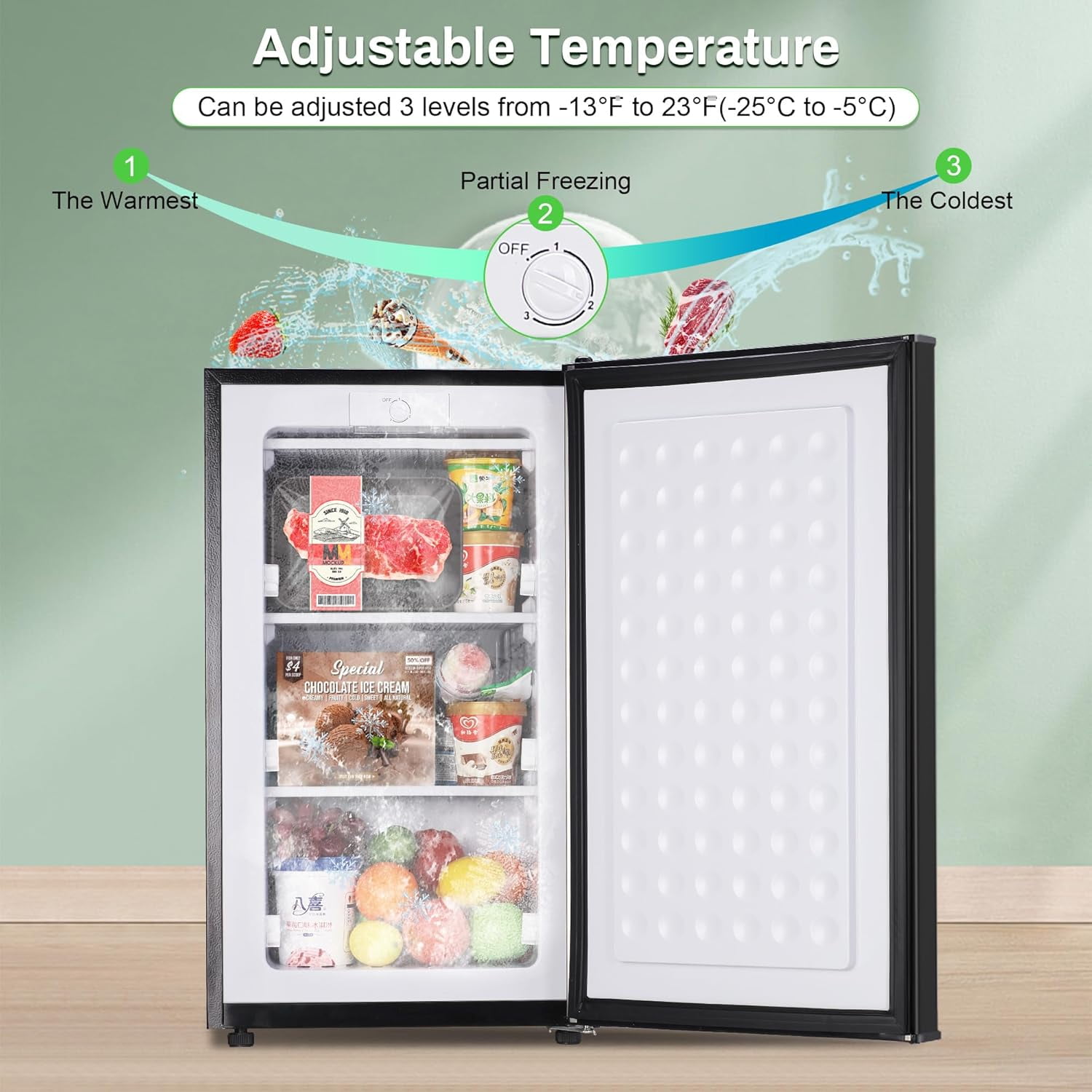3.6 Cu.Ft Small Freezer, Upright Freezer with Reversible Single Door, 3-Speed Temperature Adjustment (Down to -13°F), Freestanding Compact Freezer with 3-Layer Condenser Tube for Home, Kitchen