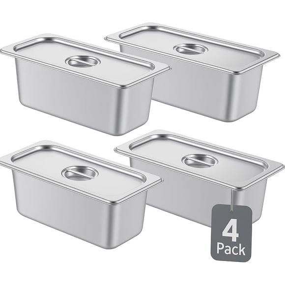 REJODA-Alpha Living 4 Pack Stainless Steel Steam Table Pans with Lids, 1/3 Size 6” Deep Hotel Pans for Catering, Buffet, Restaurant, or Home Use – Durable Anti-Rust Reusable Food Storage Trays