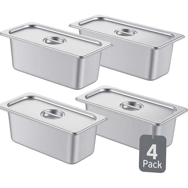 REJODA-Alpha Living 4 Pack Stainless Steel Steam Table Pans with Lids, 1/3 Size 6” Deep Hotel Pans for Catering, Buffet, Restaurant, or Home Use – Durable Anti-Rust Reusable Food Storage Trays