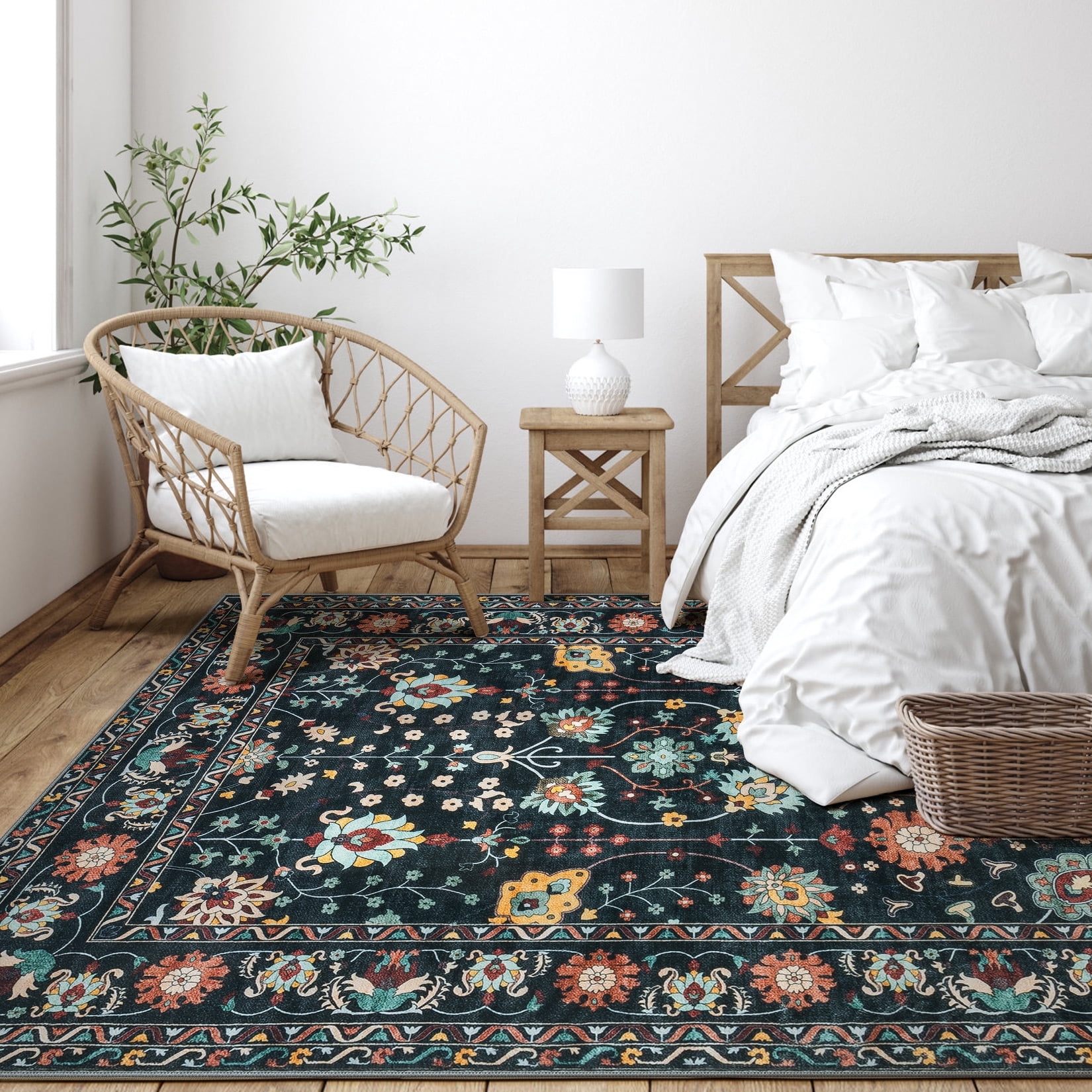 Toyoso 9x12 Area Rug Living Room Rugs - Machine Washable Traditional Floral Rug Non-Slip Classic Farmhouse Entryway Mat for Indoor Front Door, Kitchen, and Home Décor – Black