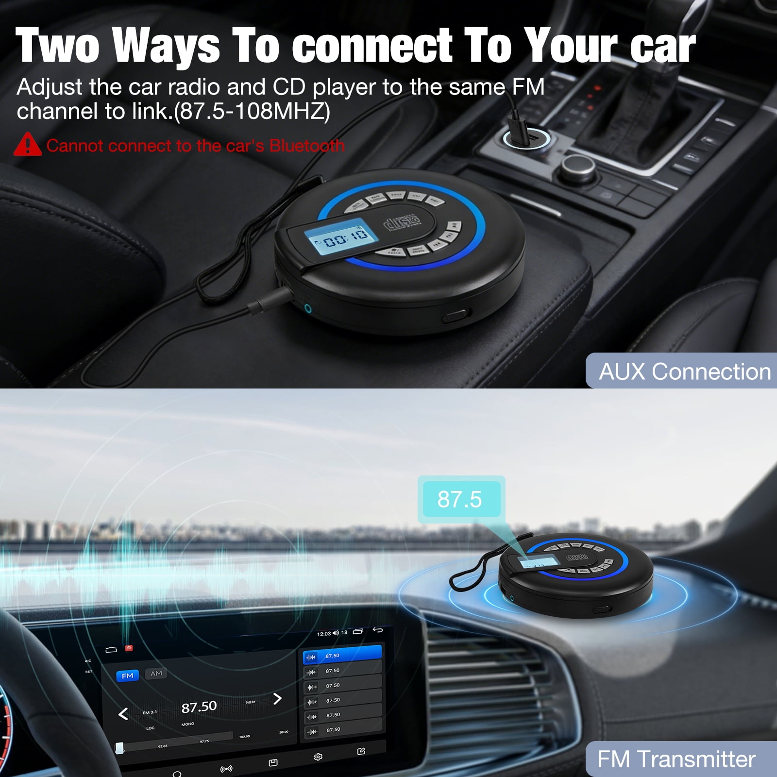 Portable CD player with Bluetooth,Rechargeable Walkman CD Player with FM Transmitter, Discman CD Player for Car.