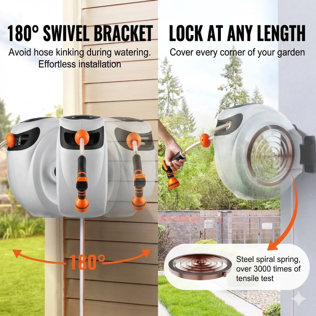 Retractable Hose Reel, 65 ft x 5/8 inch, 180° Swivel Bracket Wall-Mounted, Garden Water Hose Reel with 9-Pattern Nozzle, Automatic Rewind, Lock at Any Length, and Slow Return System
