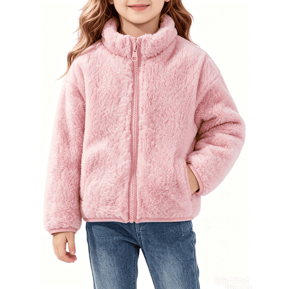 Busydd Baby Girls Fuzzy Jackets 3-18 Months Solid Color Warm Zip Up Fleece Jacket Stand Collar Long Sleeve Winter Coats with Pockets 3 Months