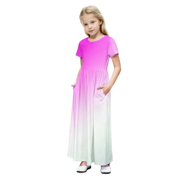 DeHolifer Girls Maxi Dress Gradient Color Crewneck Short Sleeve Lightweight Casual Holiday Dress with Pockets,11 Years