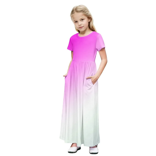WRKEKC Robe pour Filles, Robe Décontractée pour Filles, Enfants Tout-Petits Filles Mignon Imprimé Scintillant Manches Courtes Robe Extensible avec Poches Robe Longue Ligne 5 Ans