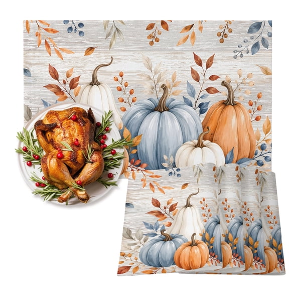 Thanksgiving Cotton Linen Placemats Set of 4, Fall Vintage Farm Harvest Orange Blue Pumpkin Leaf Washable Table Place Mats Heat Insulating Placemat for Dining Room Kitchen Daily Use 13 x 19 Inch
