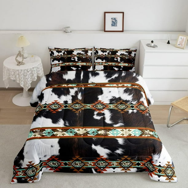 YST Cowhide Quilt Black and White Highland Cow Print Comforter Set