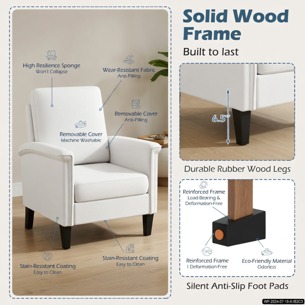Hommoo Farmhouse Boho Floral Accent Chair, High-Back Linen Armchair with Solid Rubber Wood Legs, 400 lb Capacity, Beige