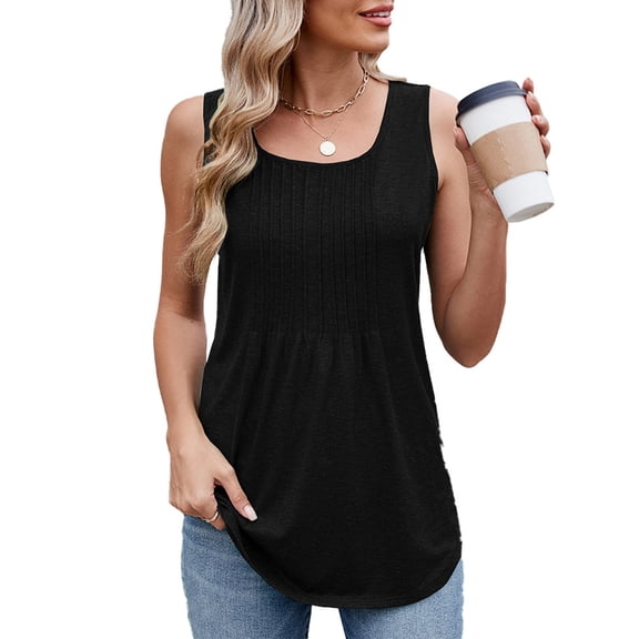 QUNYINEY Summer Tank Tops for Women Trendy Cotton Solid Shirts Loose Fit Sleeveless Pleated Flowy Crew Neck Womens Going Out Tops